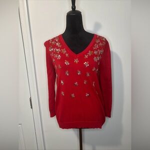Charter Club Red Long Sleeve Shirt With Silver & Gold Sequins - Size M